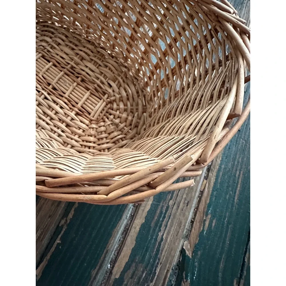 Vintage Wicker Gathering Basket Natural Willow Oval Flower Picnic Basket Handle
